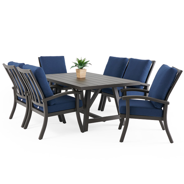 Fairmont Aged Bronze Aluminum with Spectrum Indigo Cushions 7 Piece Dining Set + 70 x 42 in. Table