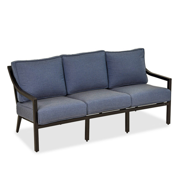Hill Country Aged Bronze Aluminum and Spectrum Denim Cushions 3 Piece Swivel Sofa Group + 48 x 28 in. Coffee Table