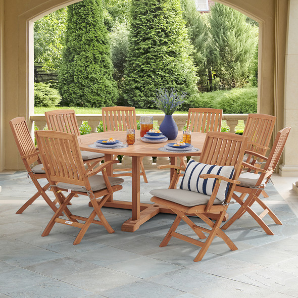 Westport Teak with Cushions 9 Piece Arm Dining Set + Bristol 70 in. D Table Westport Teak with Cushions 9 Piece Arm Dining Set + Bristol 70 in. D Table