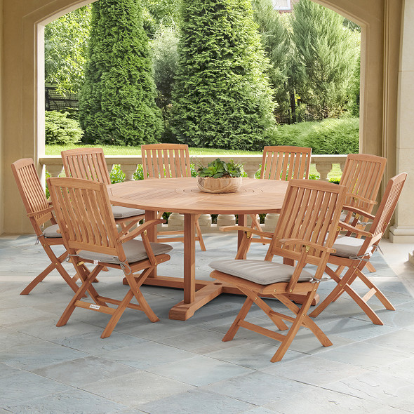 Westport Teak with Cushions 9 Piece Arm Dining Set + Bristol 70 in. D Table Westport Teak with Cushions 9 Piece Arm Dining Set + Bristol 70 in. D Table