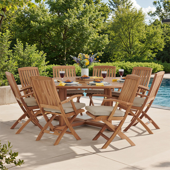 Westport Teak with Cushions 9 Piece Arm Dining Set + Bristol 70 in. D Table