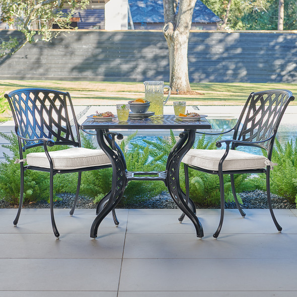 Tivoli Matte Black Cast Aluminum with Cushions 3 Piece Bistro Set + 32 in. Sq. Table Tivoli Matte Black Cast Aluminum with Cushions 3 Piece Bistro Set + 32 in. Sq. Table