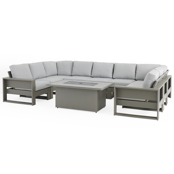 Montauk Slate Grey Polymer with Cushions 10 Piece Modular Sectional + 52 x 32 in. Fire Pit Table