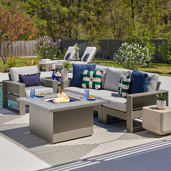 Montauk Slate Grey Polymer with Cushions 5 Piece Modular Sofa Group + 42 in. Sq. Fire Pit Table