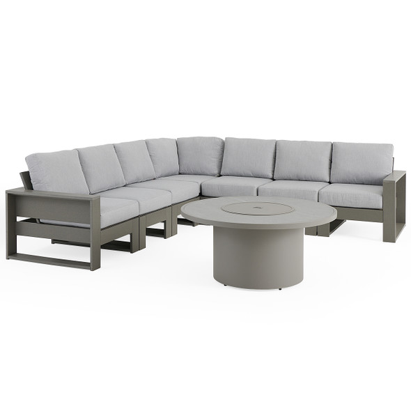 Montauk Slate Grey Polymer with Cushions 8 Piece Modular Sectional + 48 in. D Sintered Fire Pit Table