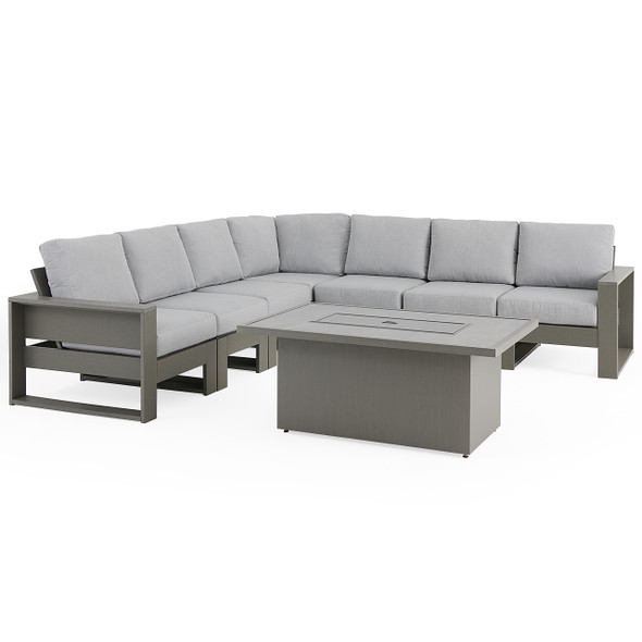 Montauk Slate Grey Polymer with Cushions 8 Piece Modular Sectional + 52 x 32 in. Sintered Fire Pit Table