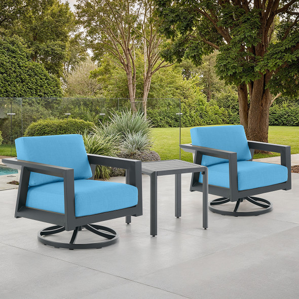 St. Lucia Midnight Aluminum with Canvas Sky Blue Cushions 3 Piece Swivel Club Chair Group + 21 in. Sq. End Table