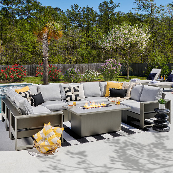 Montauk Slate Grey Polymer with Cushions 10 Piece Modular Sectional + 52 x 32 in. Fire Pit Table