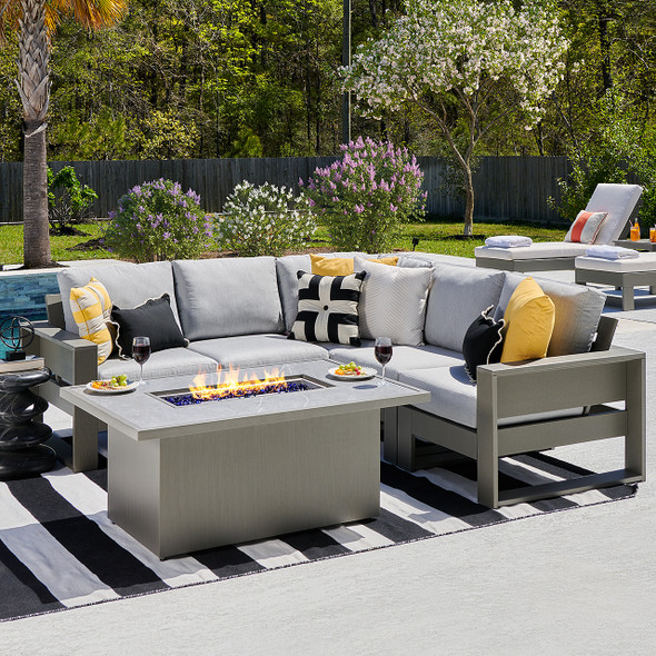 Montauk Slate Grey Polymer with Cushions 6 Piece Modular Sectional + 52 x 32 in. Fire Pit Table