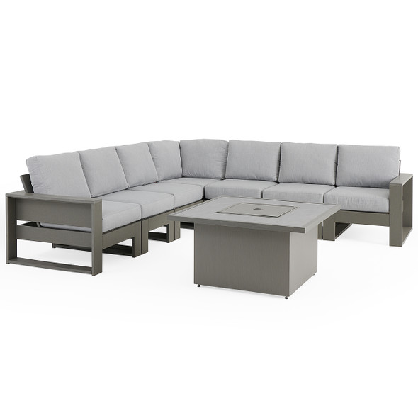Montauk Slate Grey Polymer with Cushions 8 Piece Modular Sectional + 42 in. Sq. Sintered Fire Pit Table