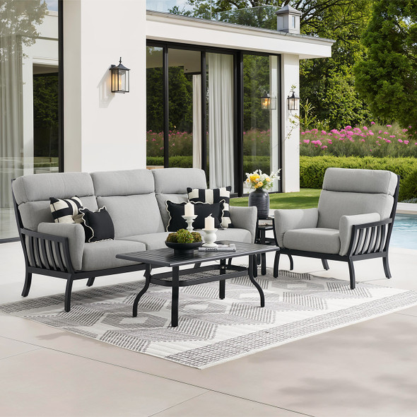Siena Coal Aluminum with Panama Stone Grey 3 Piece Sofa Group + 46 x 26 in. Coffee Table