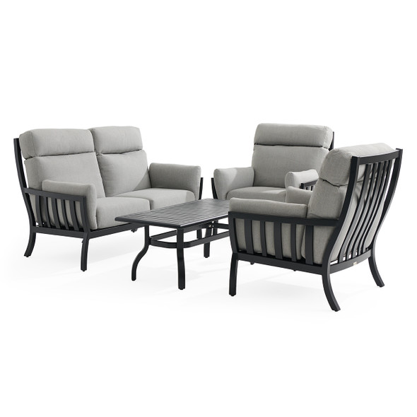 Siena Coal Aluminum with Panama Stone Grey 4 Piece Loveseat Group + 46 x 26 in. Coffee Table