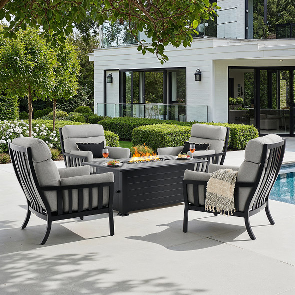 Siena Coal Aluminum with Panama Stone Grey 5 Piece Chat Set + 38 x 58 in. Fire Pit Table