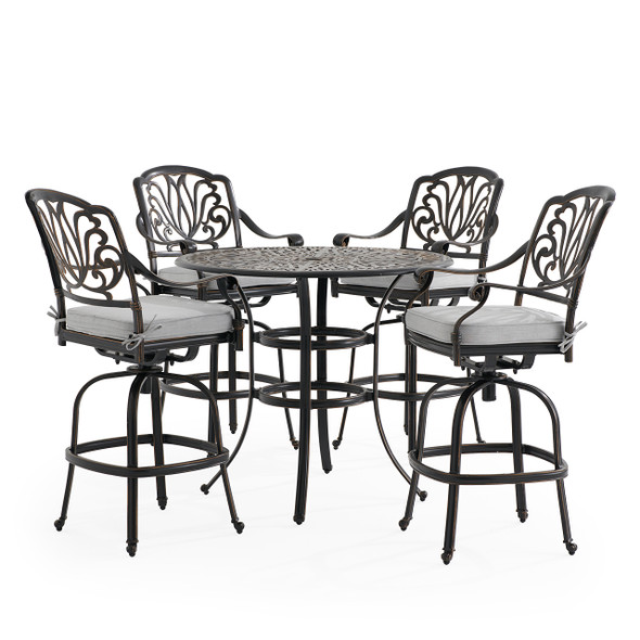 Roma Black Gold Cast Aluminum with Cushions 5 Piece Bar Set + 42 in. D Table