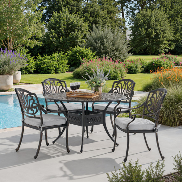 Roma Black Gold Cast Aluminum with Cushions 5 Piece Dining Set + 48 in. D Table