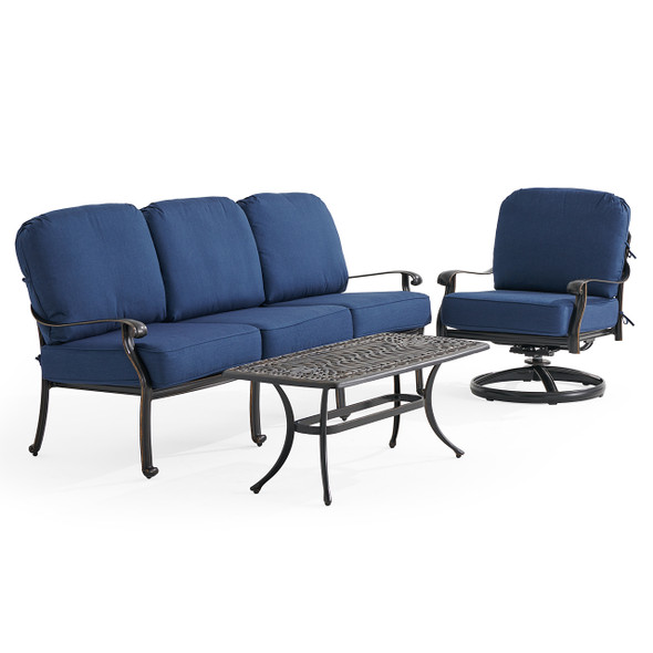 Roma Black Gold Cast Aluminum with Cushions 3 Piece Swivel Sofa Group + 42 x 21 in. Coffee Table