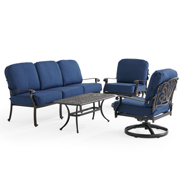 Roma Black Gold Cast Aluminum with Cushions 4 Piece Swivel Sofa Group + 42 x 21 in. Coffee Table