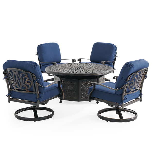 Roma Black Gold Cast Aluminum with Cushions 5 Piece Swivel Chat Set + 52 in. D Gas Fire Pit