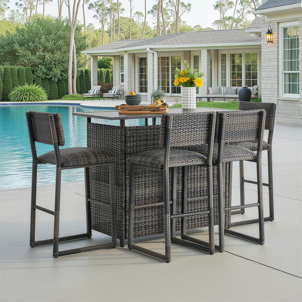 Venice Silver Oak Outdoor Wicker 5 Piece Bar Set with Armless Barstools + 54 x 27 in. Party Table
