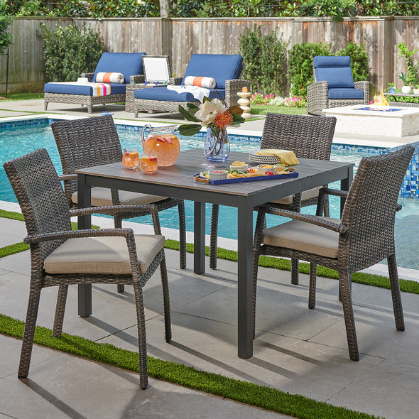 Sonoma Husk Outdoor Wicker with Cushions 5 Piece Dining Set + 40 in. Sq. Table