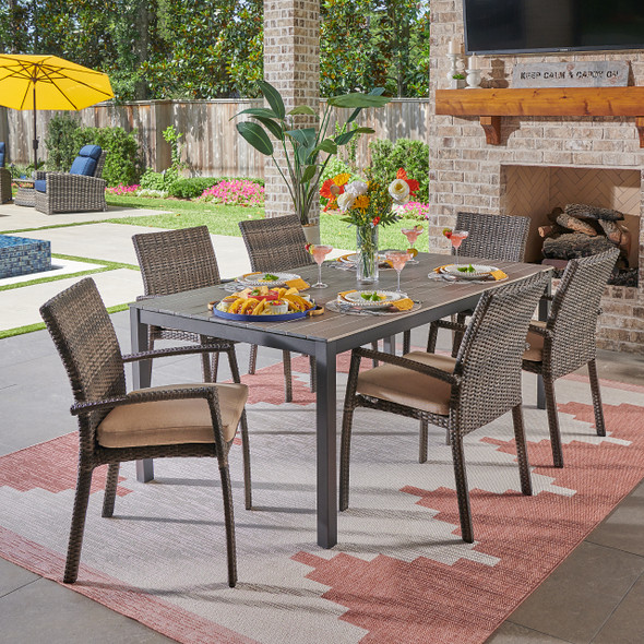 Sonoma Husk Outdoor Wicker with Cushions 7 Piece Dining Set + 72 x 40 in. Table