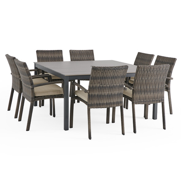 Sonoma Husk Outdoor Wicker with Cushions 9 Piece Dining Set + 59 in. Sq. Table