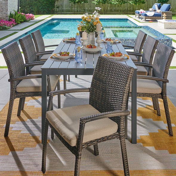 Sonoma Husk Outdoor Wicker with Cushions 9 Piece Dining Set + 84 x 40 in. Table