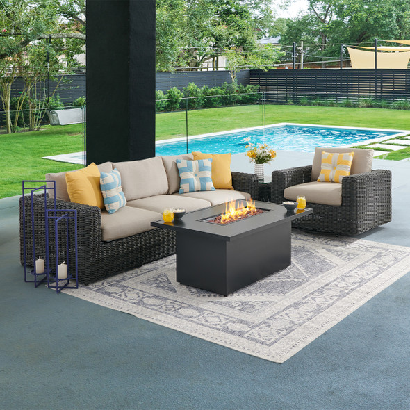 Laguna Smoke Outdoor Wicker with Cushions 3 Piece Swivel Sofa Group + 52 x 32 in. D Fire Pit Table