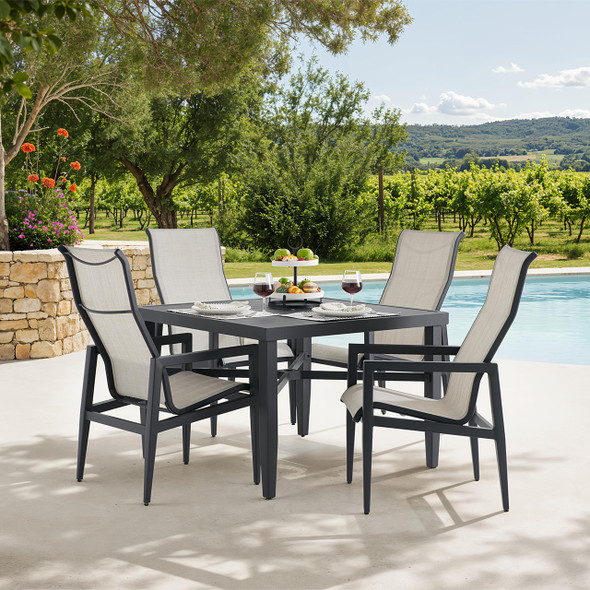 Portofino Midnight Aluminum and Prestige Stucco Sling 5 Piece Dining Set + 43 in. Sq. Table