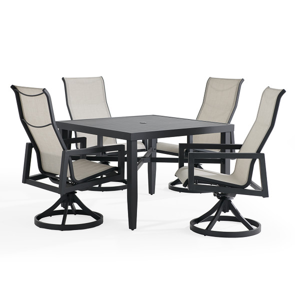 Portofino Midnight Aluminum and Prestige Stucco Sling 5 Piece Swivel Dining Set + 43 in. Sq. Table