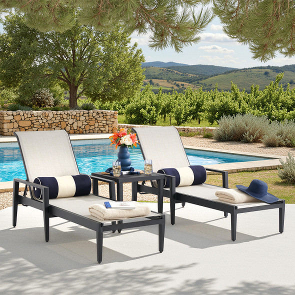 Portofino Midnight Aluminum and Prestige Stucco Sling 3 Piece Chaise Lounge Set + 20 in. Sq. Side Table