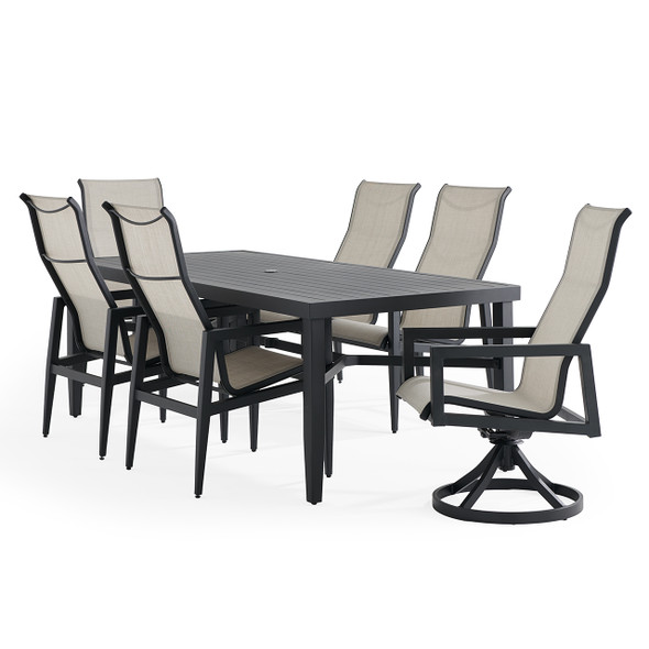 Portofino Midnight Aluminum and Prestige Stucco Sling 7 Piece Combo Dining Set + 84 x 40 in. Table