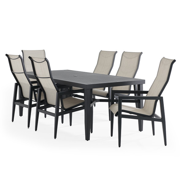 Portofino Midnight Aluminum and Prestige Stucco Sling 7 Piece Dining Set + 84 x 40 in. Table