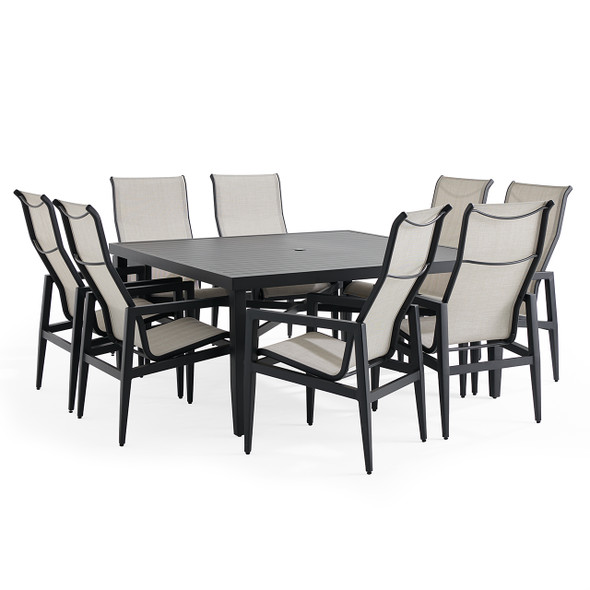 Portofino Midnight Aluminum and Prestige Stucco Sling 9 Piece Dining Set + 64 in. Sq. Table