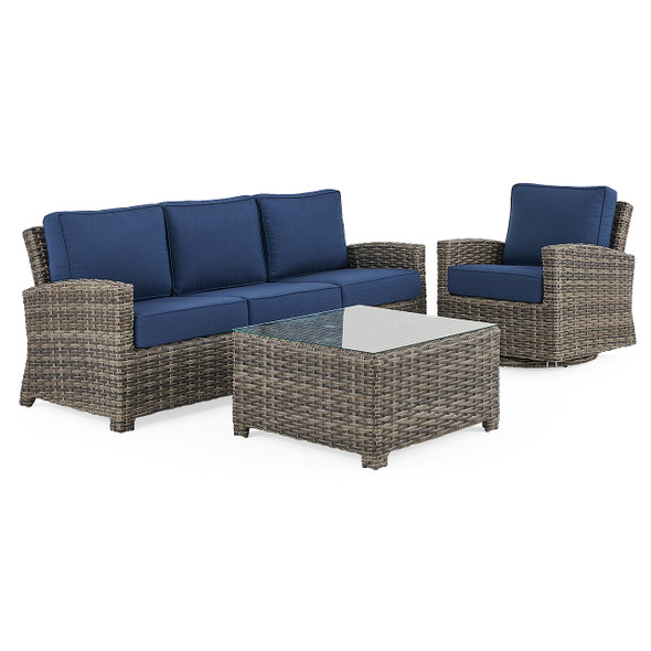 Sonoma Husk Outdoor Wicker with Cushions 3 Piece Swivel Sofa Group + 32 in. Sq. Glass Top Coffee Table