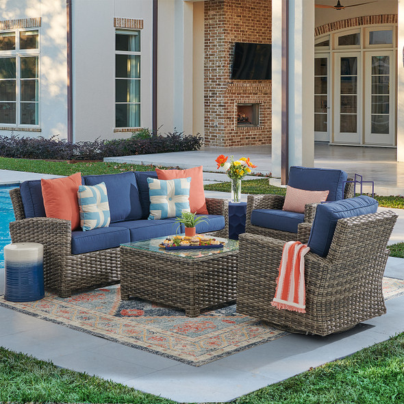 Sonoma Husk Outdoor Wicker with Cushions 4 Piece Swivel Sofa Group + 32 in. Sq. Glass Top Coffee Table
