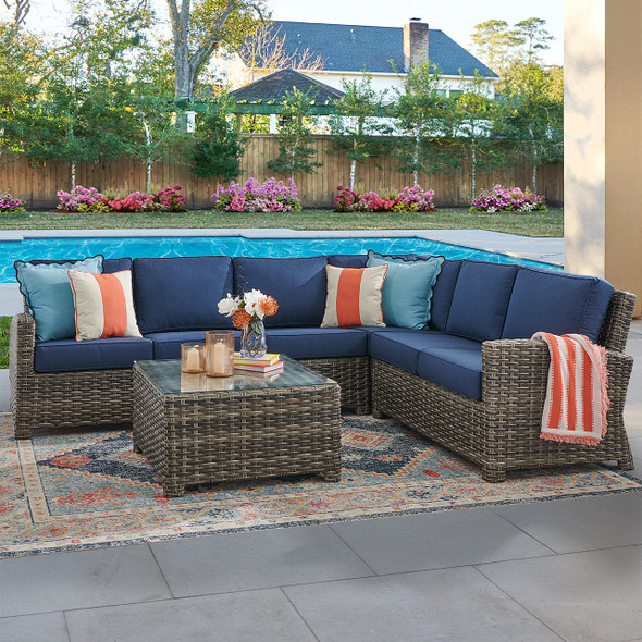 Sonoma Husk Outdoor Wicker with Cushions 5 Piece Sectional Group + 32 in. Sq. Coffee Table