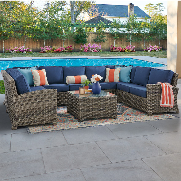 Sonoma Husk Outdoor Wicker with Cushions 8 Piece Sectional + 32 in. Sq. Coffee Table