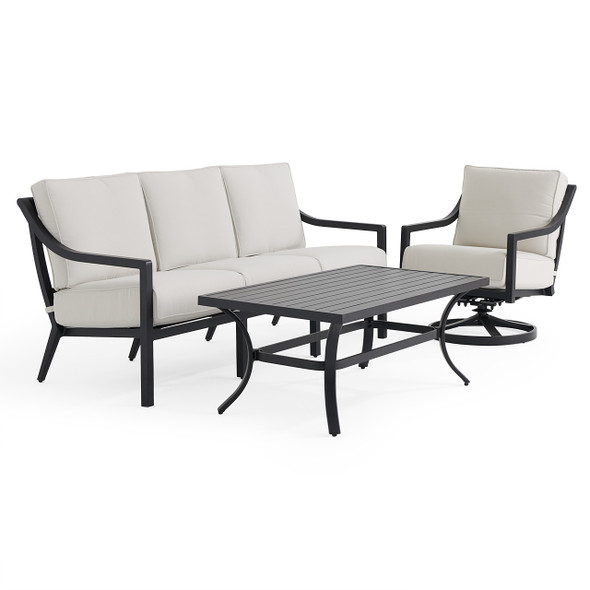 Hill Country Aged Bronze Aluminum and Cushion 3 Piece Swivel Sofa Group + 48 x 28 in. Coffee Table