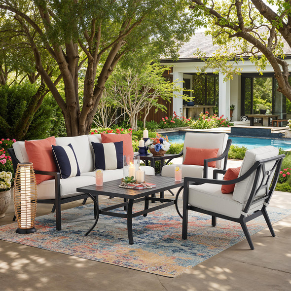 Hill Country Aged Bronze Aluminum and Cushion 4 Piece Sofa Group + 48 x 28 in. Coffee Table