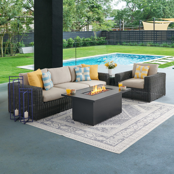 Laguna Smoke Outdoor Wicker with Cushions 3 Piece Sofa Group + 52 x 32 in. D Fire Pit Table