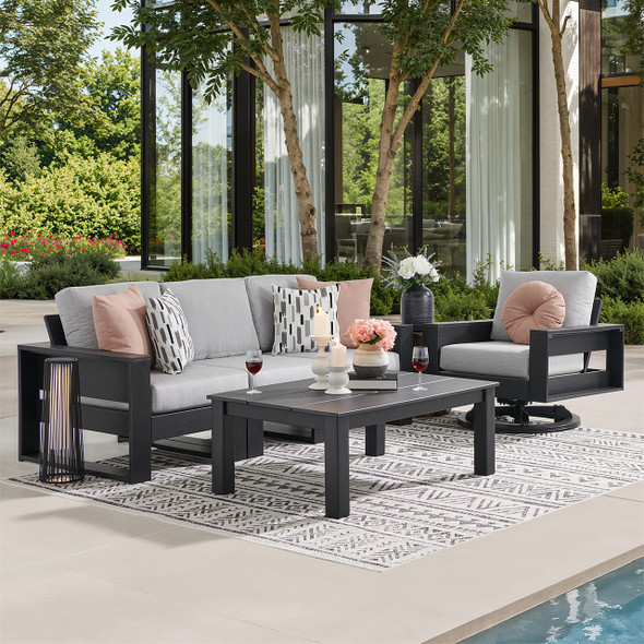 Montauk Polymer with Cushions 5 Piece Modular Swivel Sofa Group + 48 x 32 in. Coffee Table