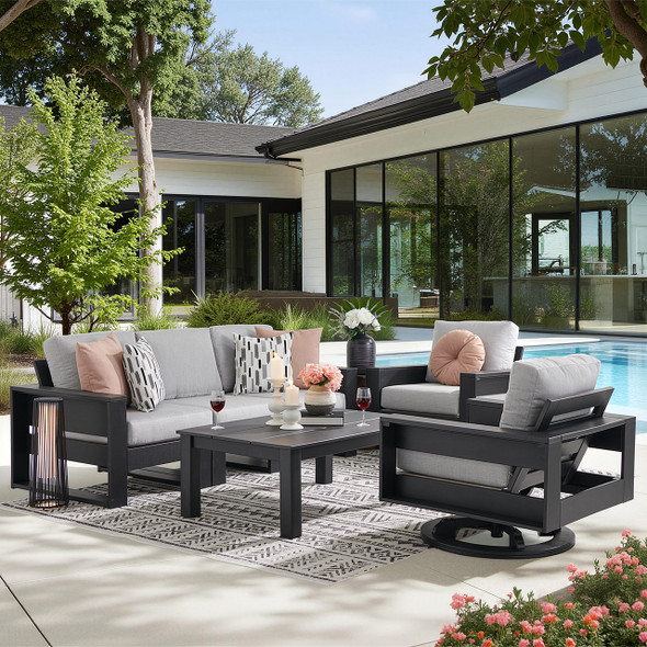 Montauk Polymer with Cushions 6 Piece Modular Swivel Sofa Group + 48 x 32 in. Coffee Table