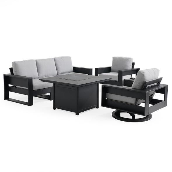 Montauk Polymer with Cushions 6 Piece Modular Swivel Sofa Group + 42 in. Sq. LP Gas Fire Pit
