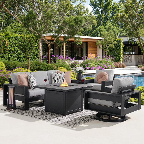 Montauk Polymer with Cushions 6 Piece Modular Swivel Sofa Group + 42 in. Sq. LP Gas Fire Pit