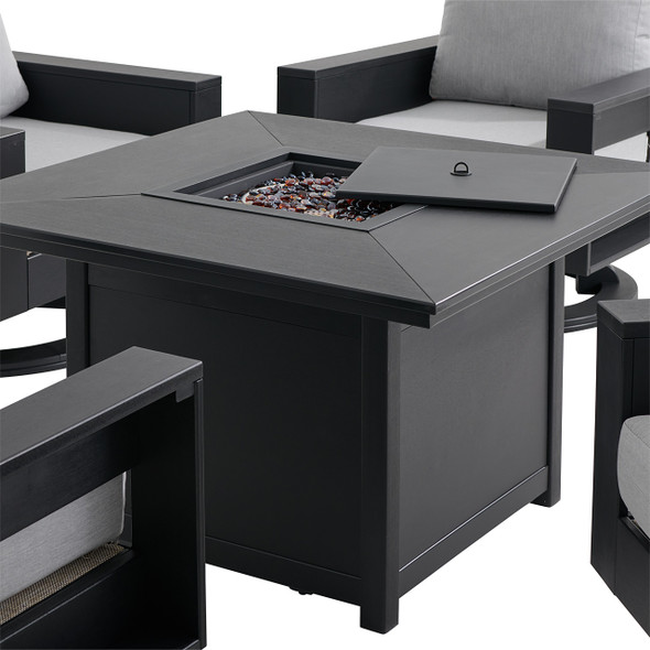 Montauk Polymer with Cushions 5 Piece Swivel Chat Set + 42 in. Sq. LP Gas Fire Pit