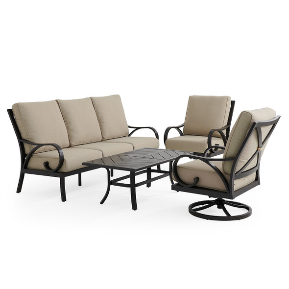 Key West Rustic Bronze Aluminum with Cushions 4 Piece Swivel Sofa Group + 48 x 26 in. Coffee Table
