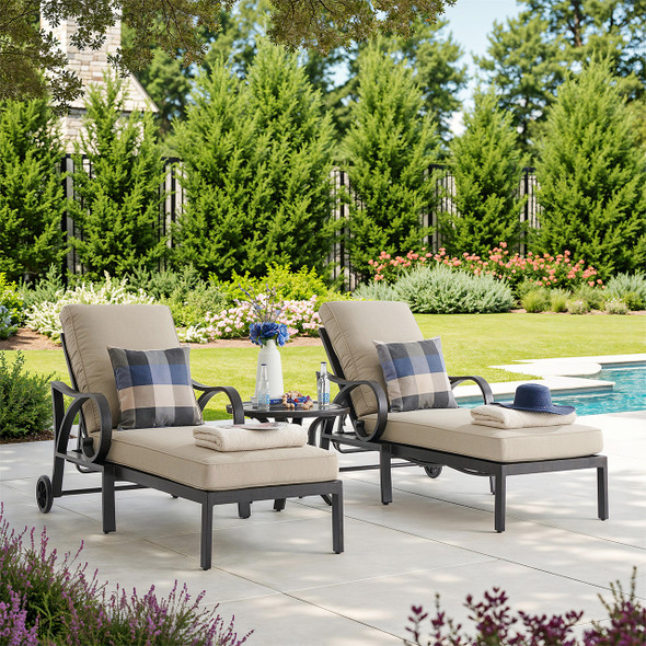 Key West Rustic Bronze Aluminum with Cushions 3 Piece Chaise Lounge Set + 24 in. D End Table