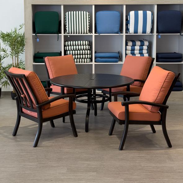 Fairmont Rustic Bronze Aluminum with Cushions 5 Piece Dining Set + 48 in. D Table