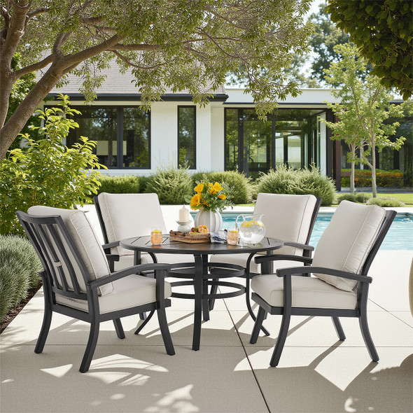 Fairmont Rustic Bronze Aluminum with Cushions 5 Piece Dining Set + 48 in. D Table